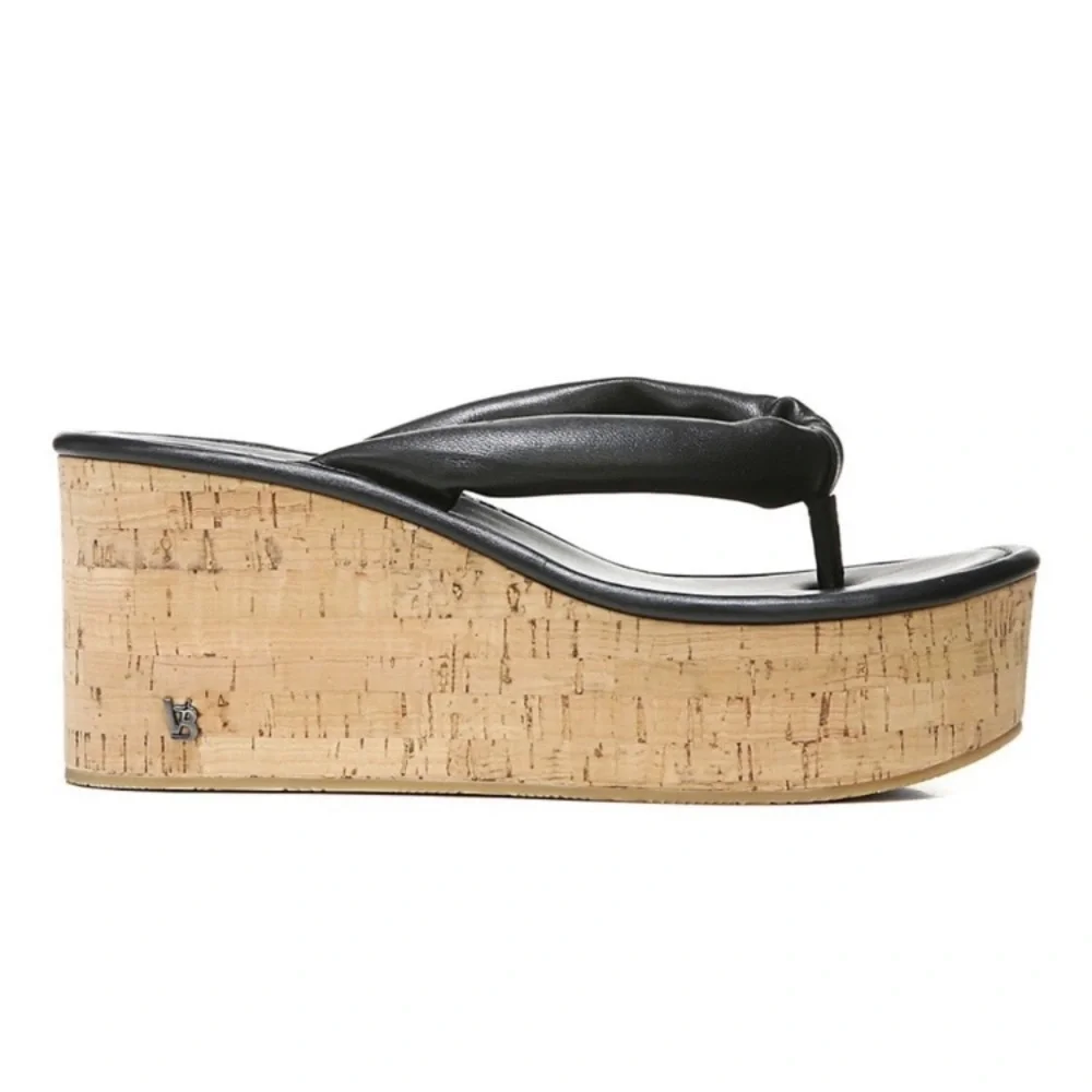 Veronica Beard Black Geno Cork Wedge Platform Thong Sandals Leather size 9 - Picture 3 of 13